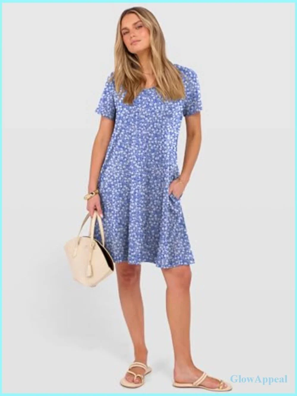 Women's V Neck Short Sleeve Flowy Mini Dress with Pockets